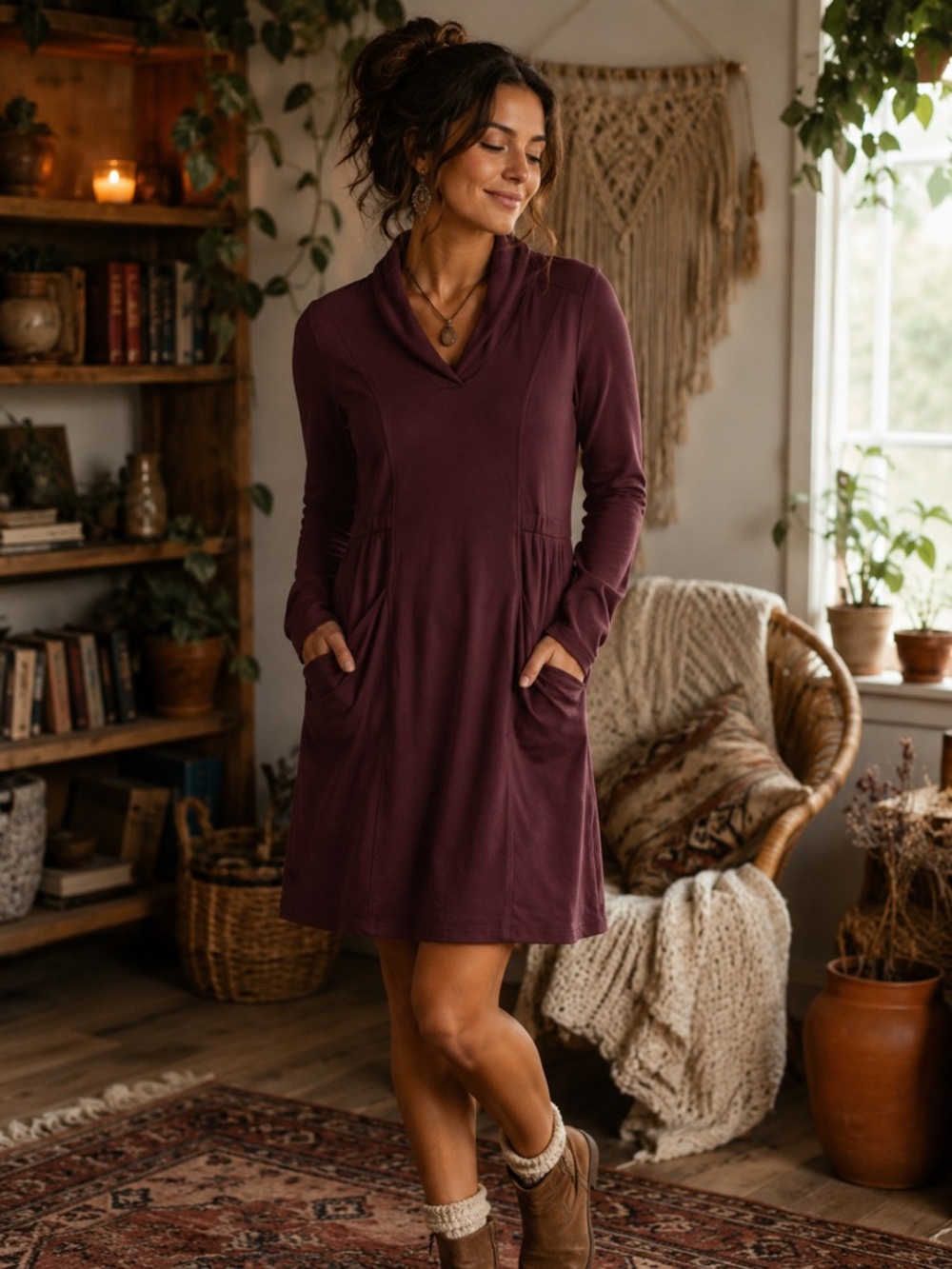 Ibex Maroon Merino Wool Shawl Collar Dress – Medium